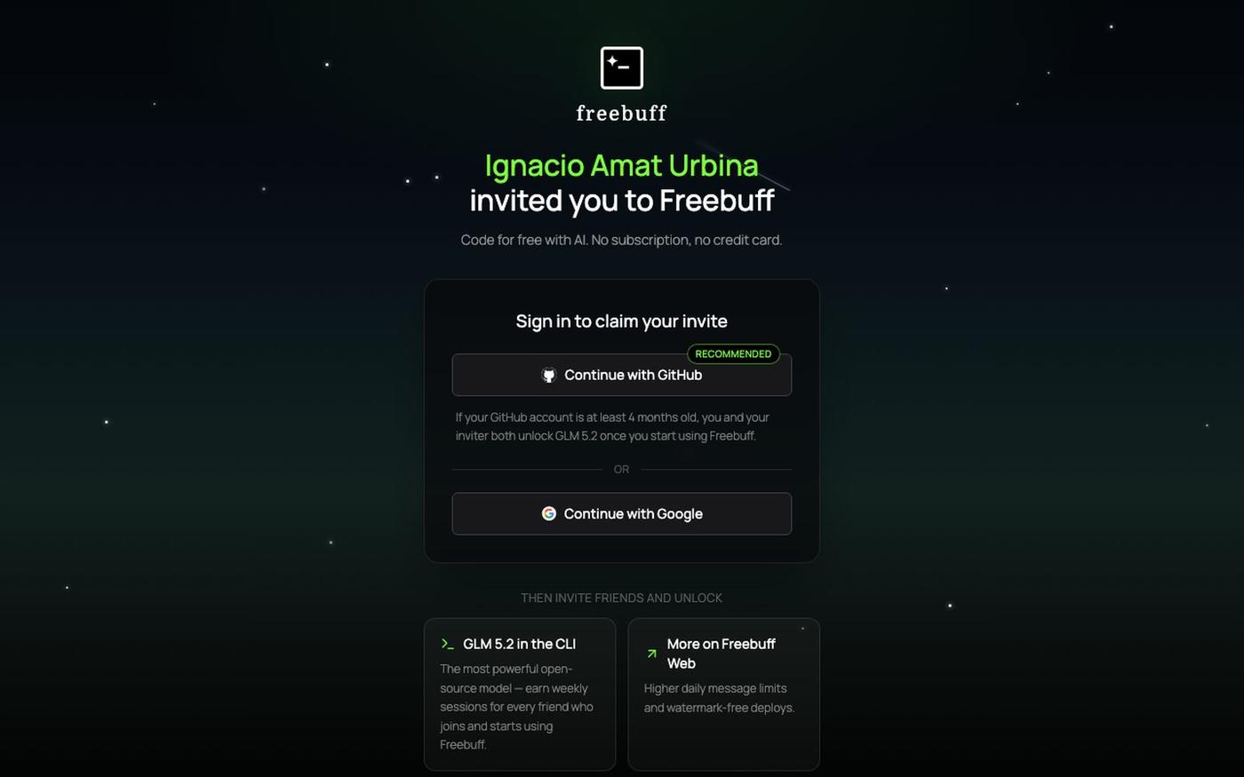 Ignacio Amat Urbina invited you to try Freebuff! | Freebuff — screenshot