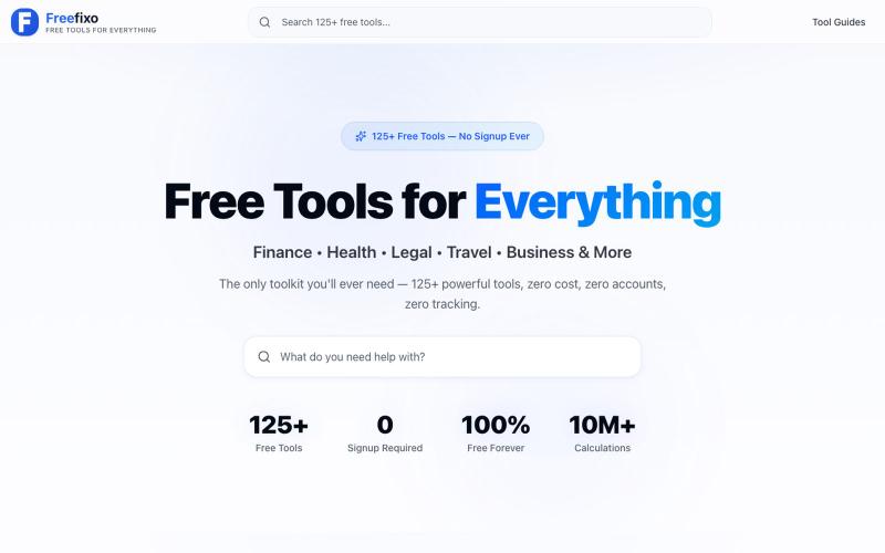 FreeFixo — 125+ Free Tools for Finance, Health, Legal & More — screenshot