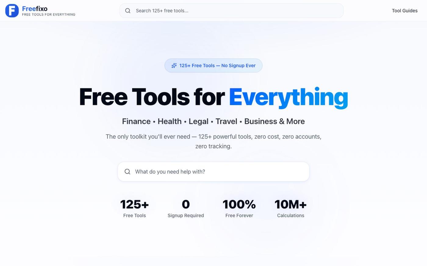 FreeFixo — 125+ Free Tools for Finance, Health, Legal & More — screenshot