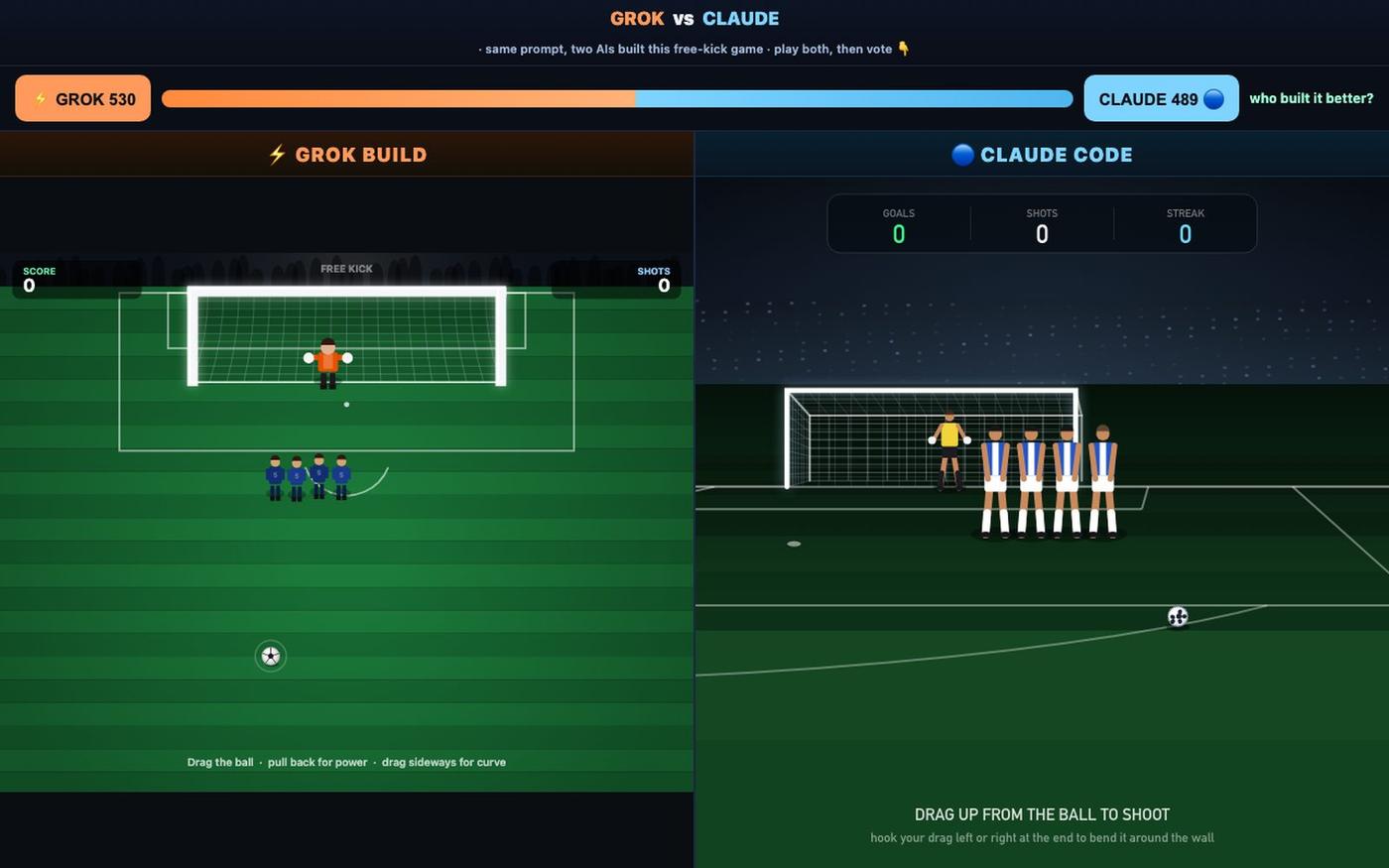 Free Kick: Grok vs Claude — AI Build Showdown ⚽ — screenshot