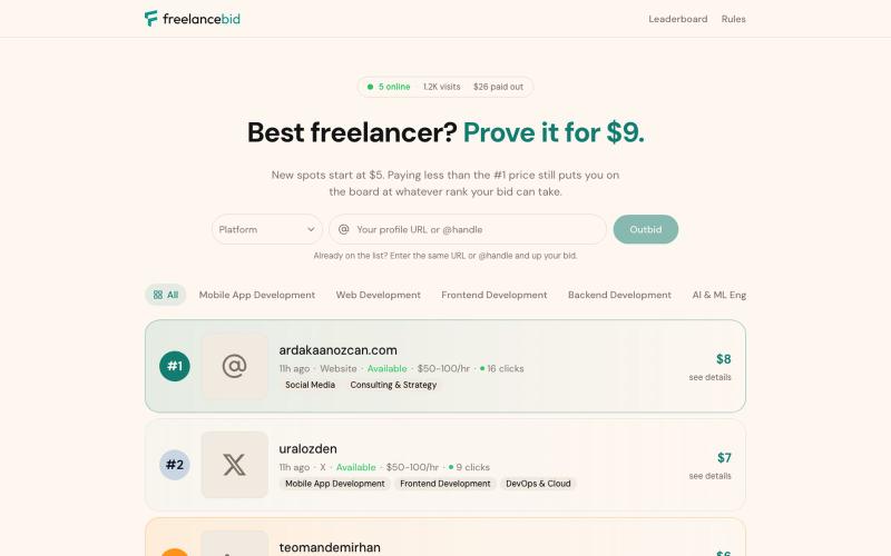 freelancebid — bid for the #1 freelancer spot — screenshot