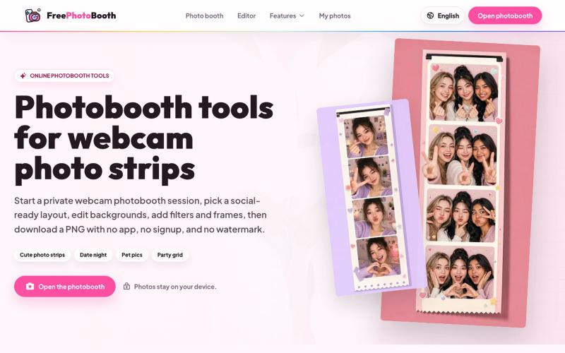 FreePhotoBooth Online | Photobooth Tools & Photo Strips — screenshot