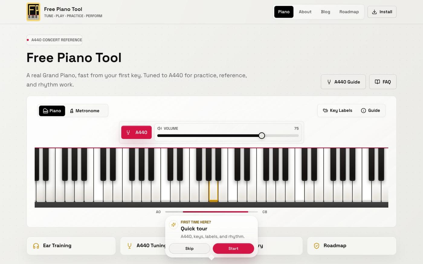 Free Piano Tool - 88-Key Online Piano with A440 & Metronome — screenshot