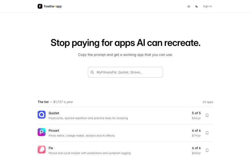 Stop paying for apps AI can recreate — 25 prompts, 25 working demos | freethe.ap — screenshot