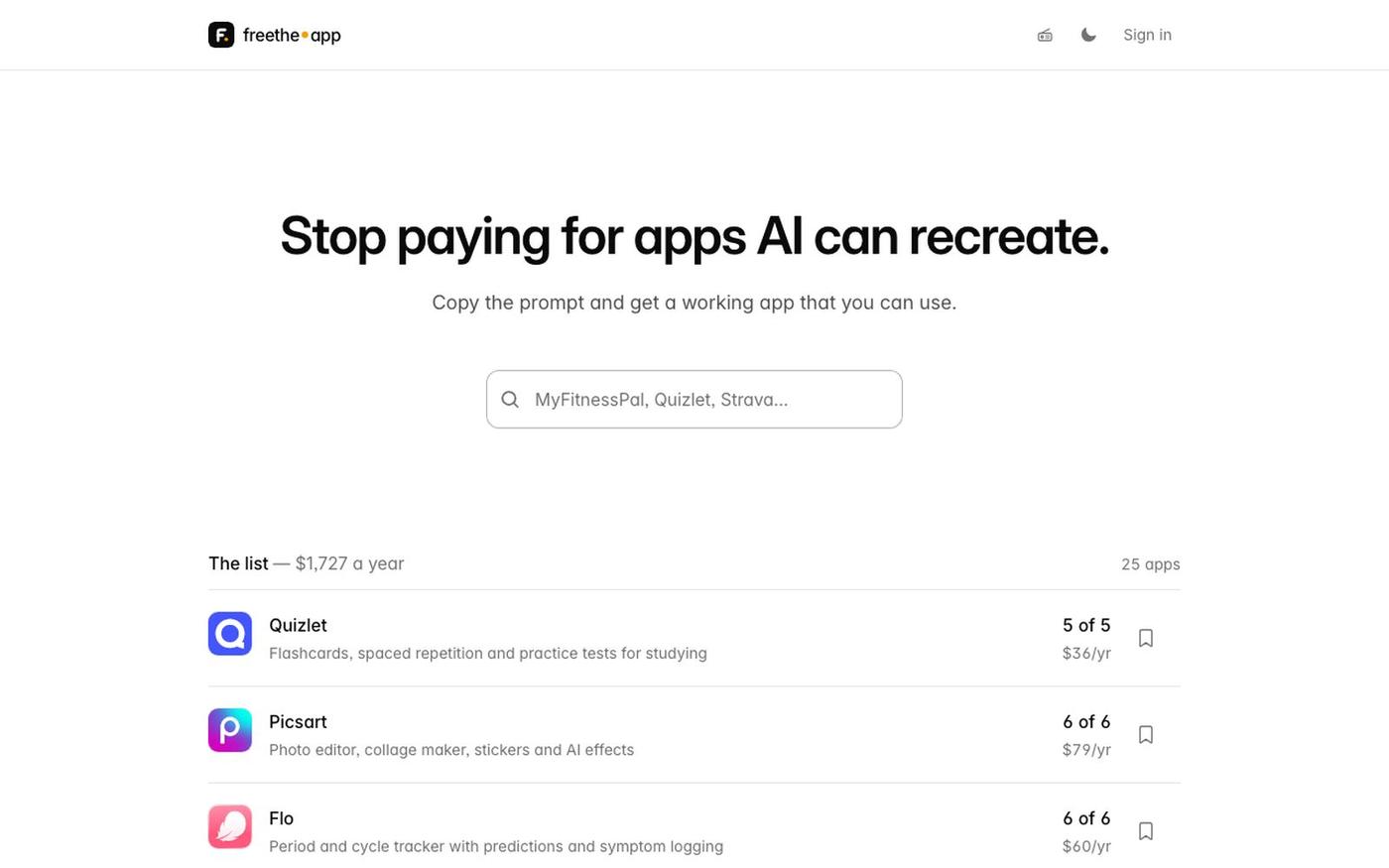 Stop paying for apps AI can recreate — 25 prompts, 25 working demos | freethe.ap — screenshot