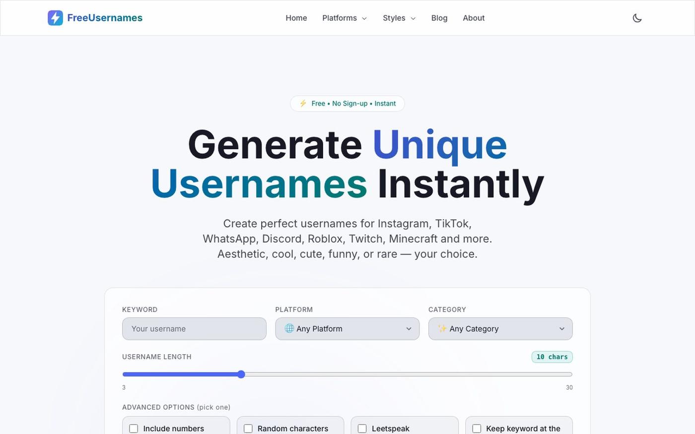 FreeUsernames.com — Free Username Generator for Every Platform — screenshot