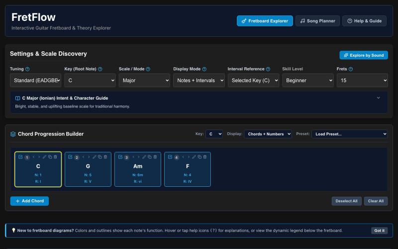 FretFlow — Predictive and Interactive Guitar Fretboard, Scale Degrees & Triad Ex — screenshot