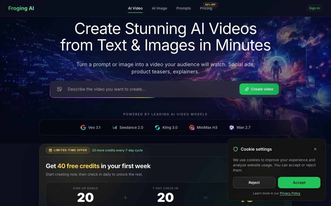 Froging AI: Free AI Video Generator From Text & Image — screenshot