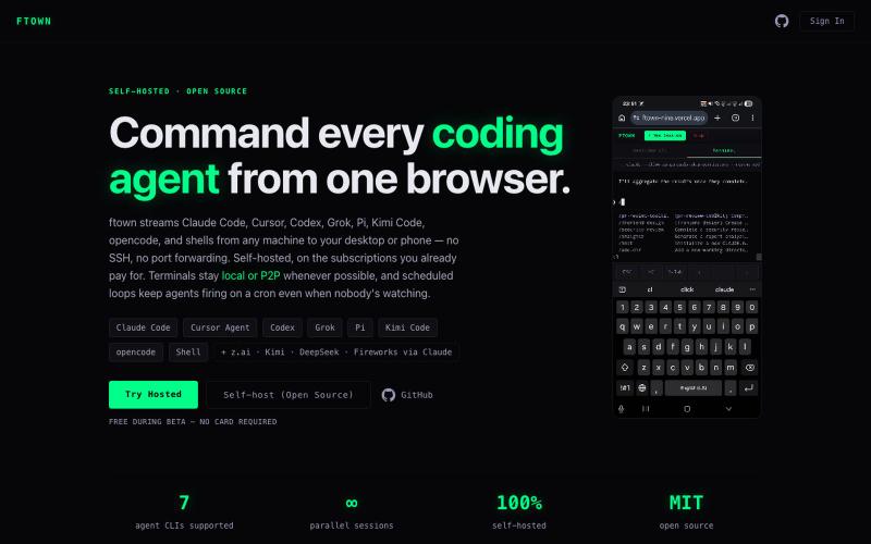 ftown — Remote coding agent orchestration — screenshot