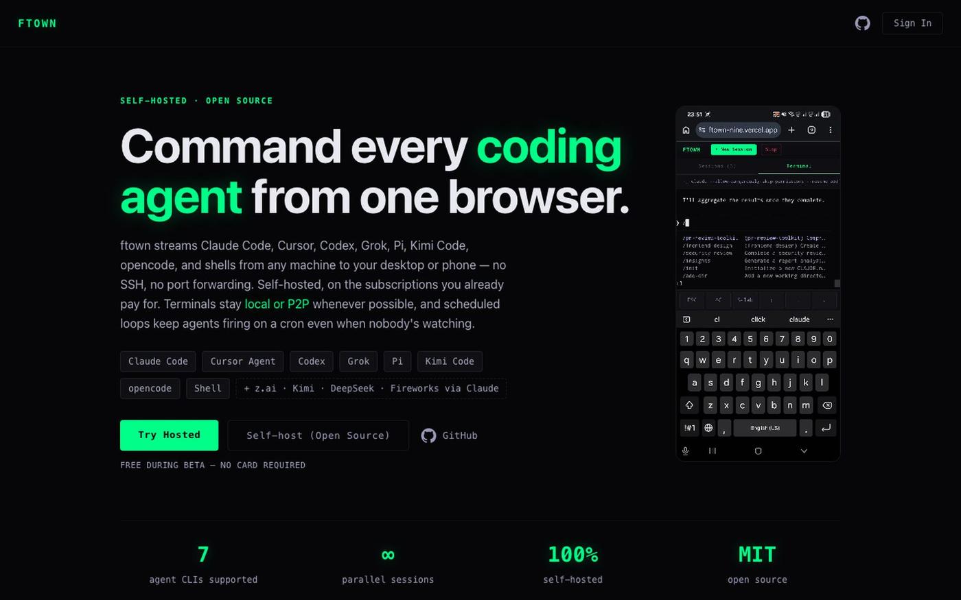 ftown — Remote coding agent orchestration — screenshot