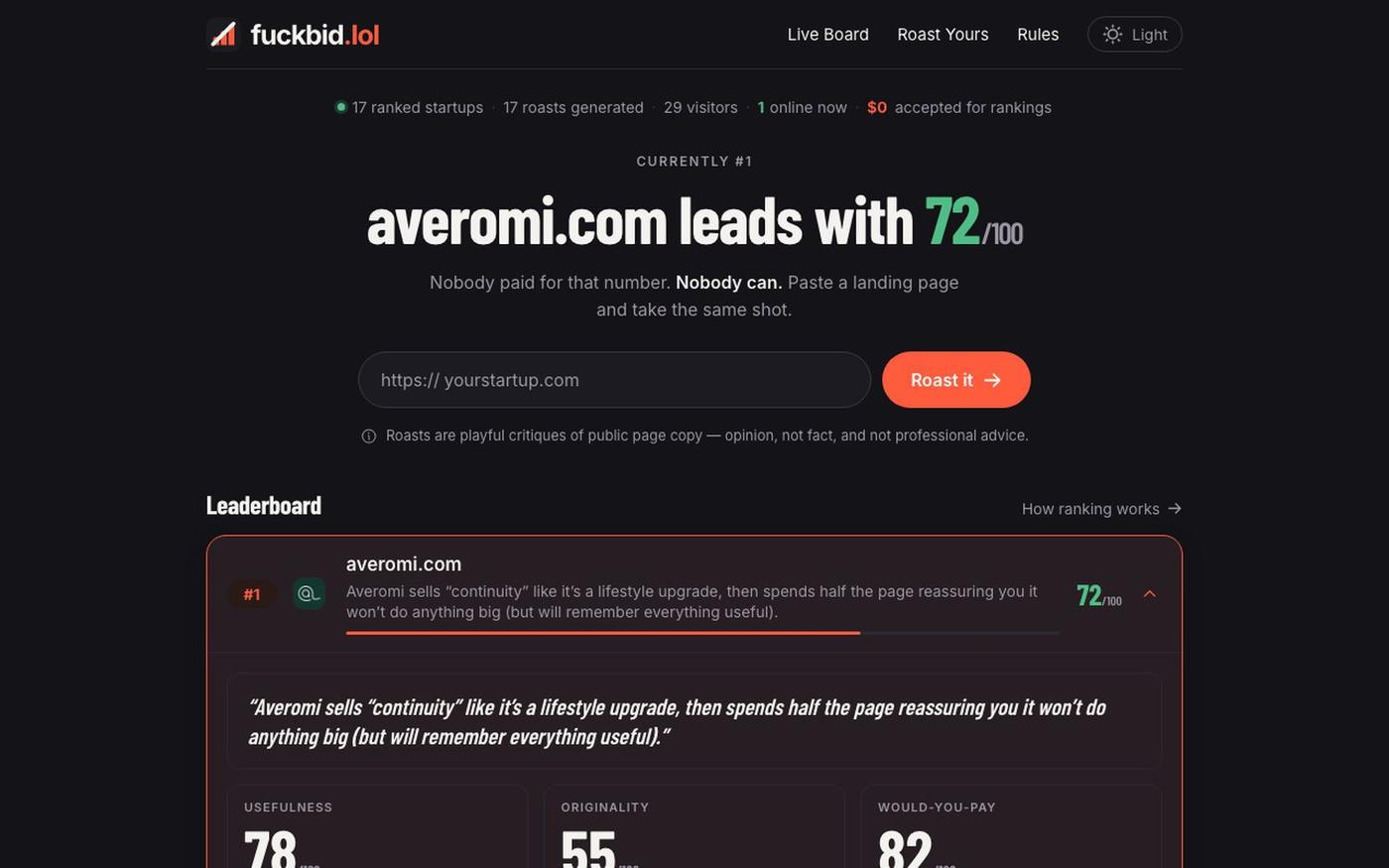 fuckbid.lol — The startup leaderboard money can’t buy — screenshot