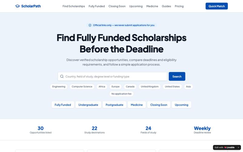 Find Fully Funded Scholarships Before the Deadline | ScholarPath — screenshot