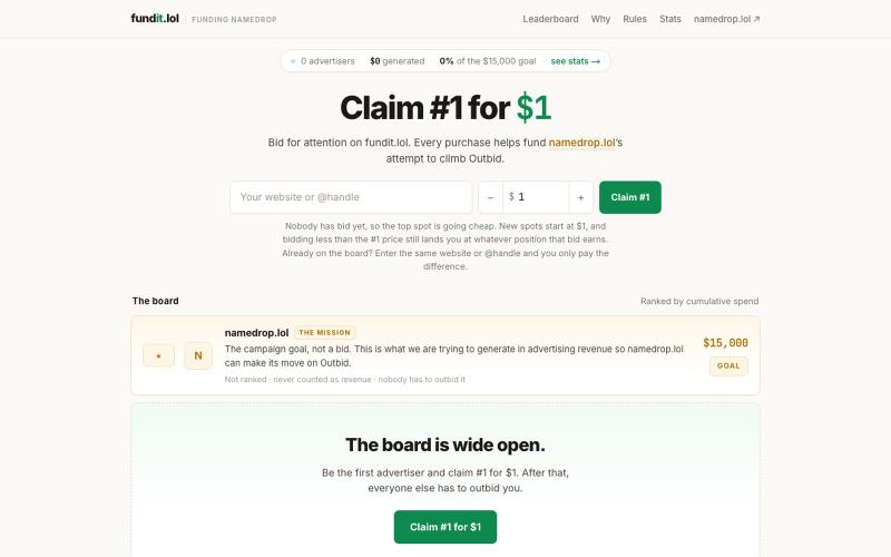 fundit.lol — Bid for attention. Fund the bid. — screenshot