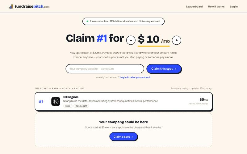 Fundraise Pitch | Pay to be seen. Get funded. — screenshot