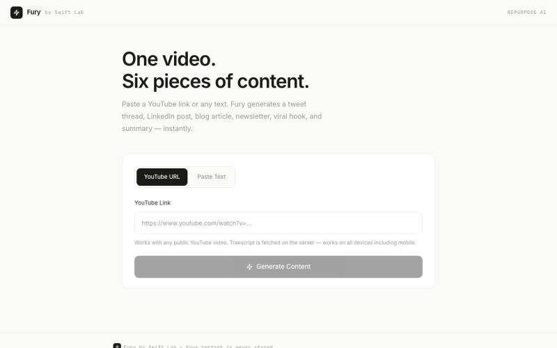 Fury — Content Repurpose AI by Swift Lab — screenshot