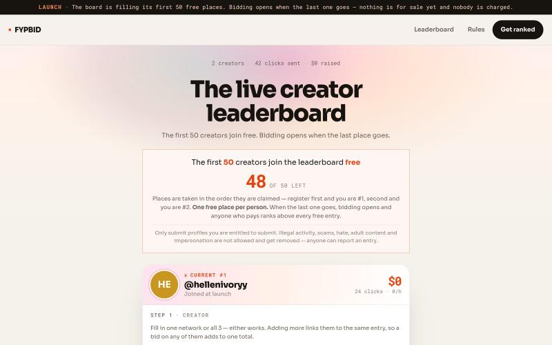 FYPbid — Live creator leaderboard — TikTok, YouTube & Instagram, ranked by what  — screenshot