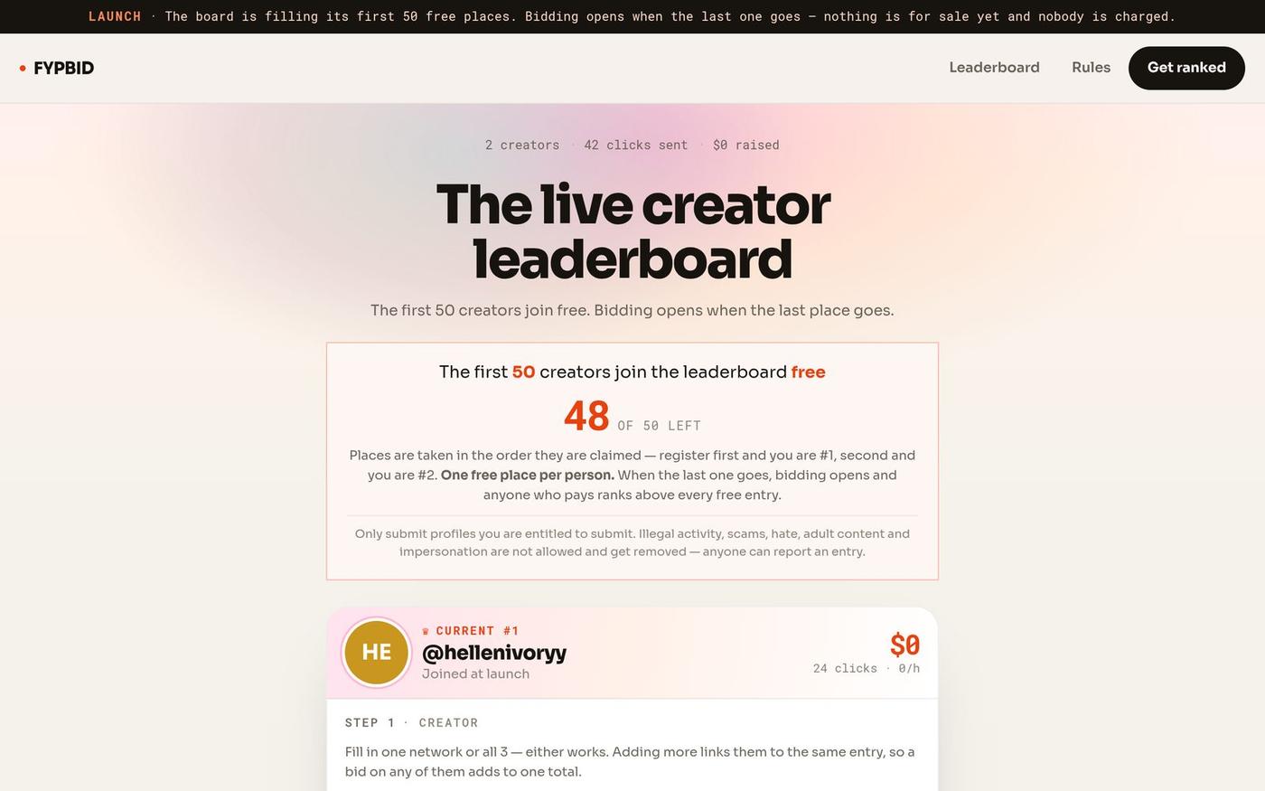 FYPbid — Live creator leaderboard — TikTok, YouTube & Instagram, ranked by what — screenshot