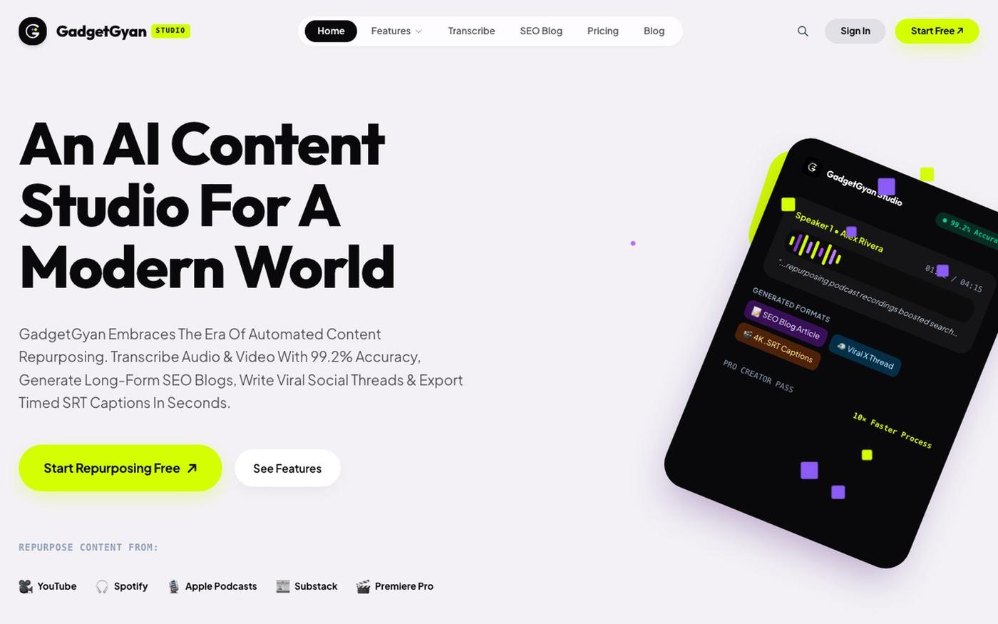 GadgetGyan — AI Audio & Video Transcription, SEO Blog Generator & Creator Studio — screenshot