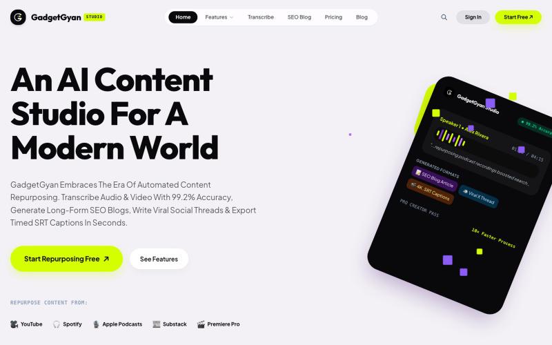 GadgetGyan — AI Audio & Video Transcription, SEO Blog Generator & Creator Studio — screenshot