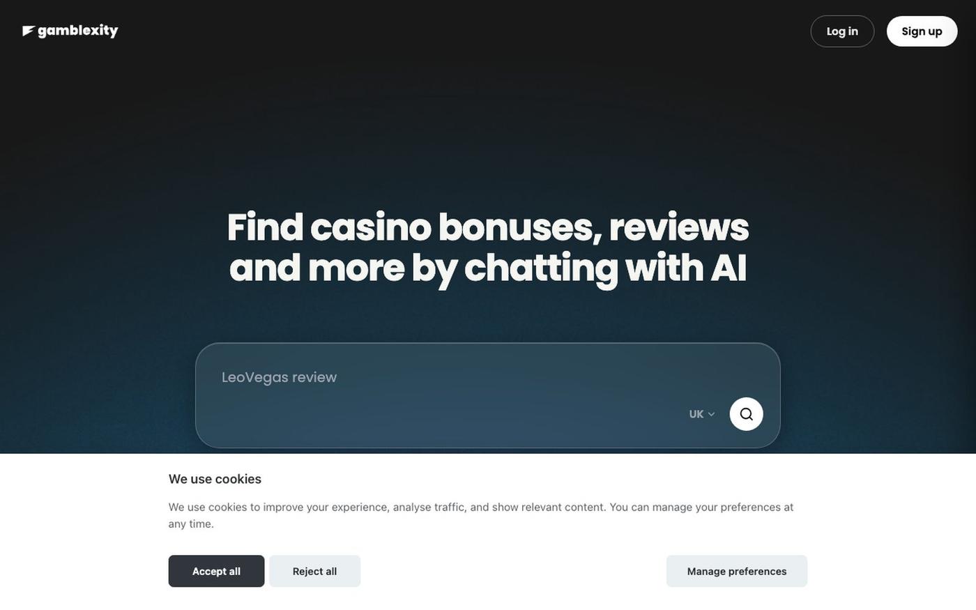 Gamblexity | Free AI-Powered search engine for online gambling — screenshot