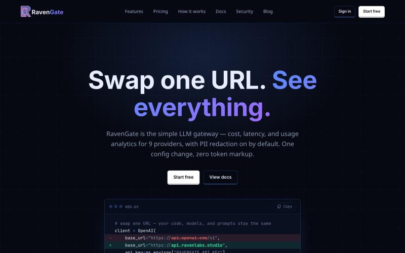 RavenGate — Simple LLM Gateway: Cost, Latency & PII Analytics — screenshot