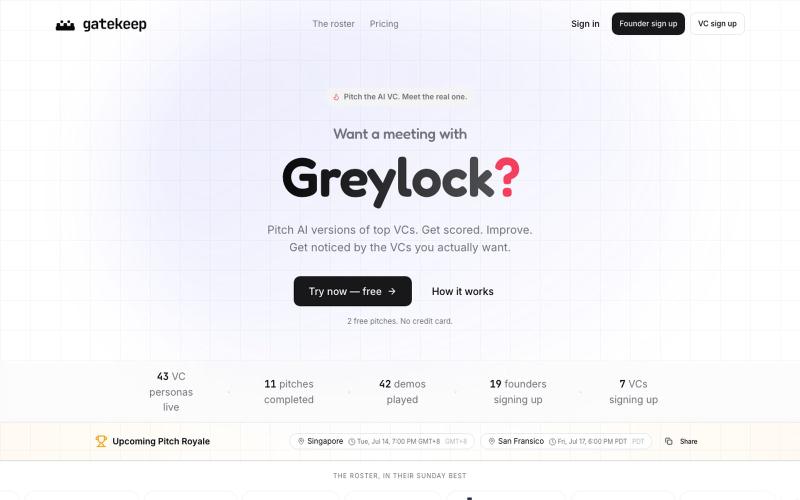 Gatekeep — Pitch the AI VC. Meet the real one. — screenshot