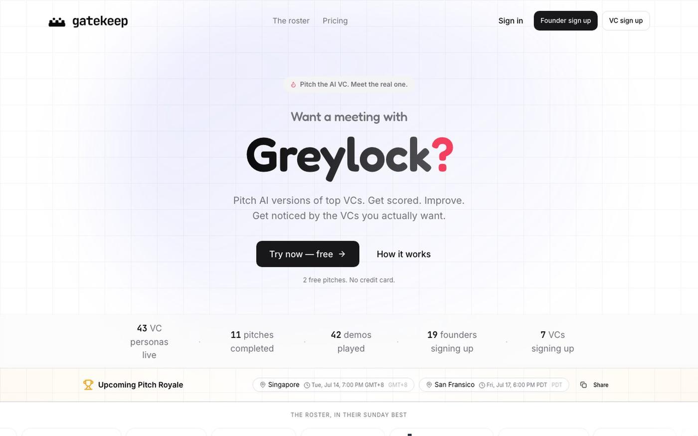 Gatekeep — Pitch the AI VC. Meet the real one. — screenshot