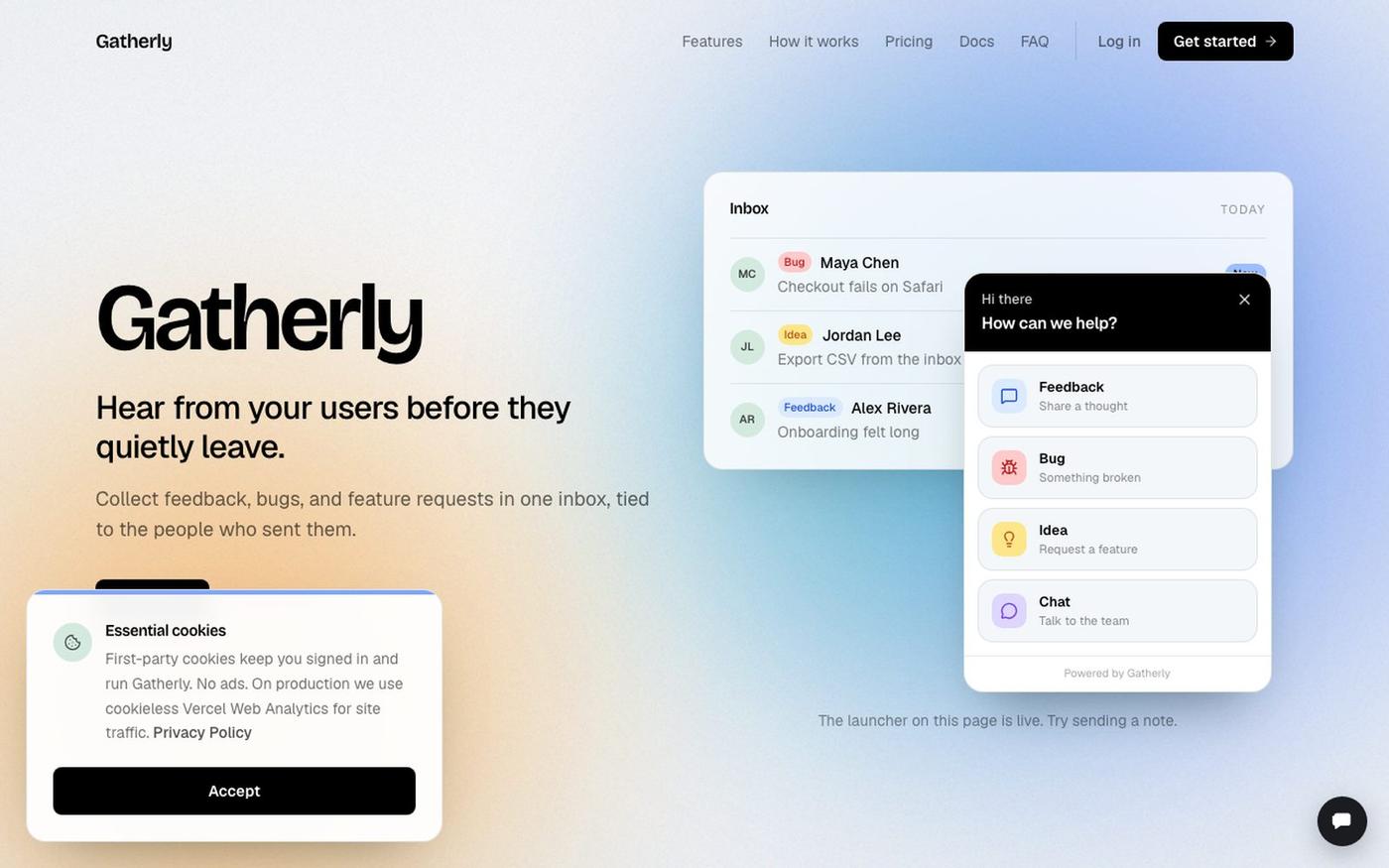 Gatherly, Hear from your users before they quietly leave — screenshot