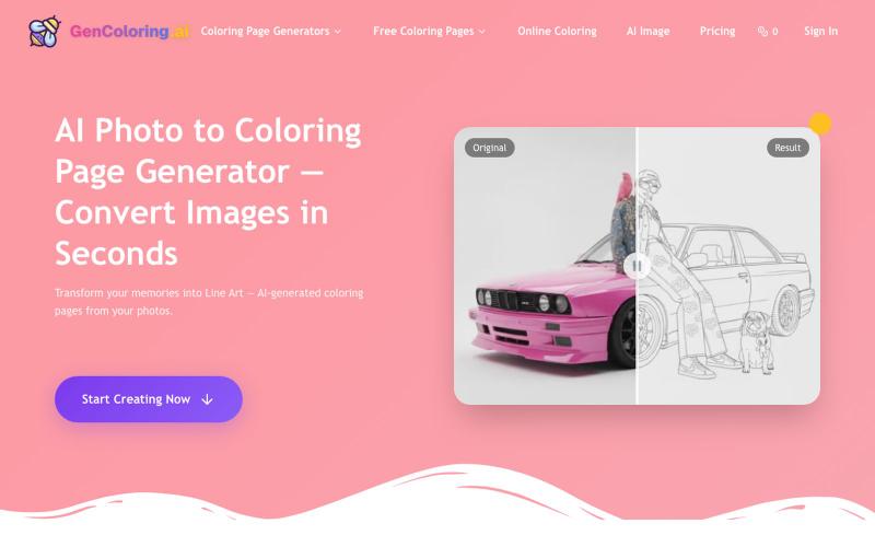 AI Photo to Coloring Page Generator | GenColoring — screenshot