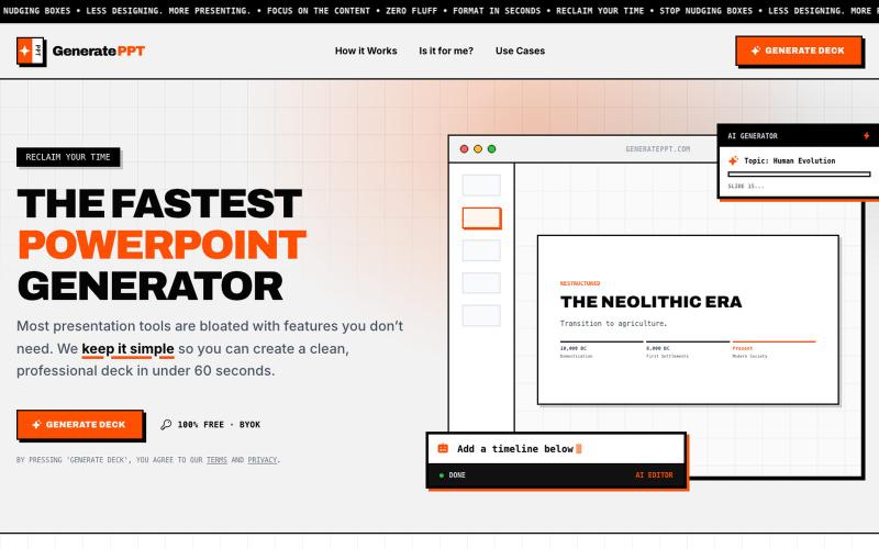 GeneratePPT: AI Deck Generator | Clean Slides in Under 60s — screenshot