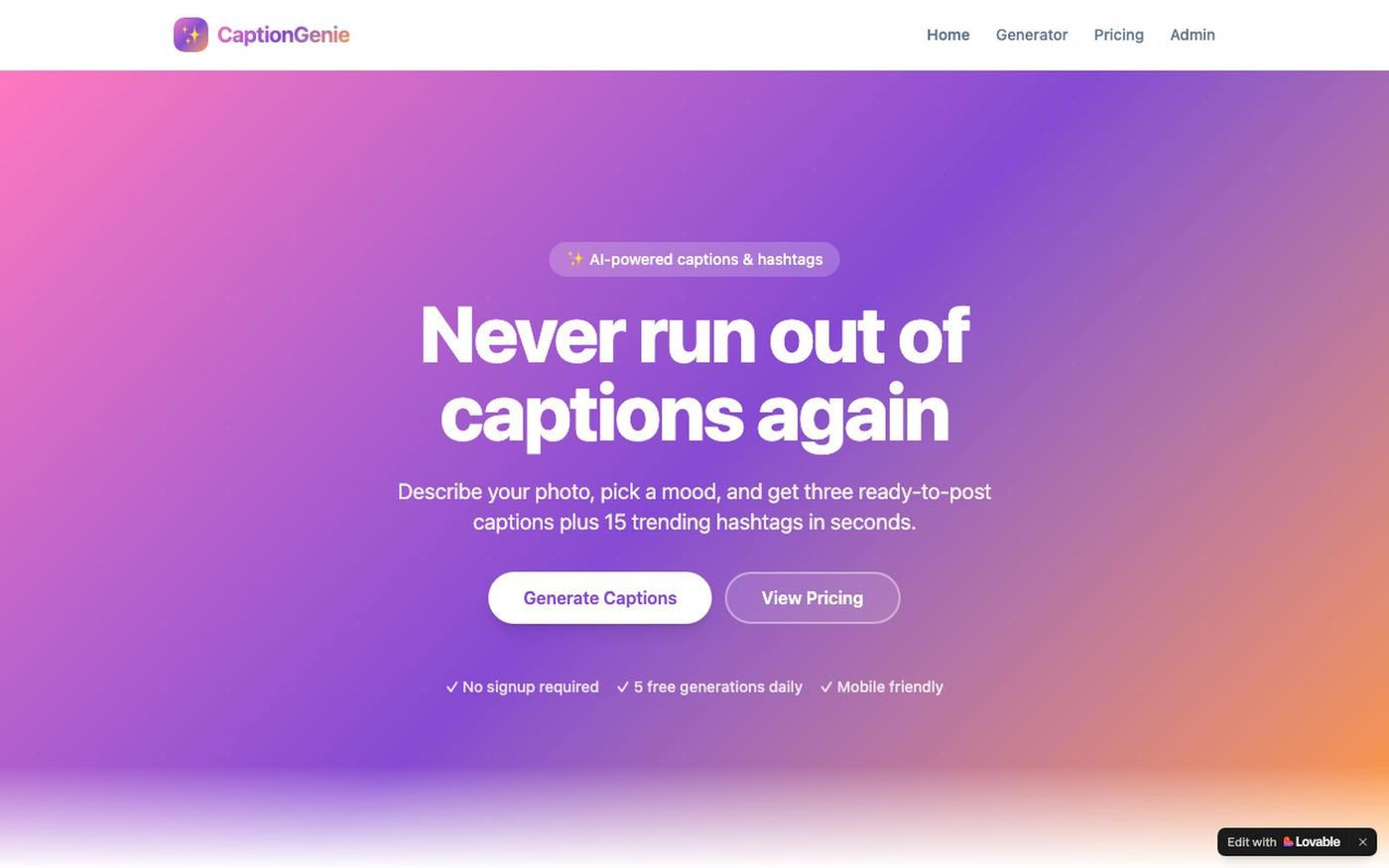 CaptionGenie — Never Run Out of Captions Again — screenshot