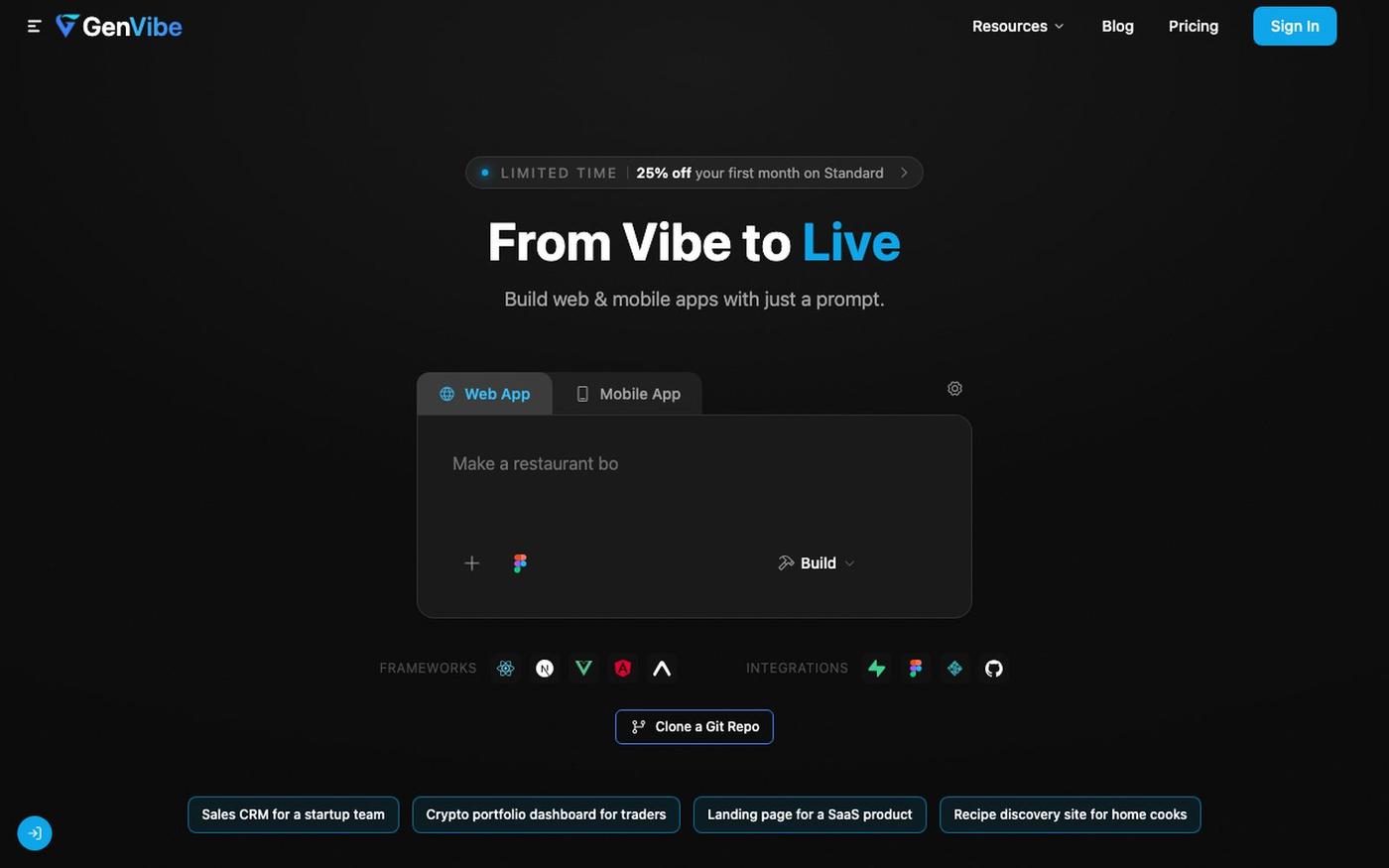 GenVibe — Build & Ship Real Web & Mobile Apps with AI — screenshot
