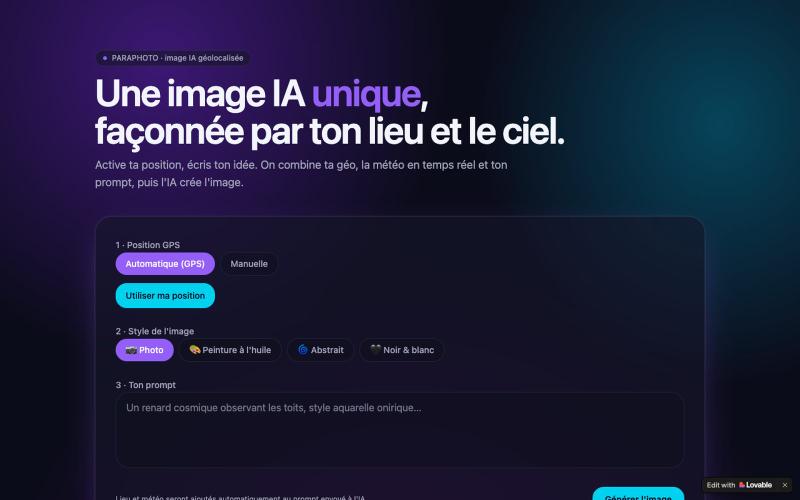 PARAPHOTO — image IA depuis ta position et la météo — screenshot