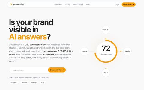 Geoptimizer — GEO Optimization Tool · Real-Time AI Visibility Score — screenshot