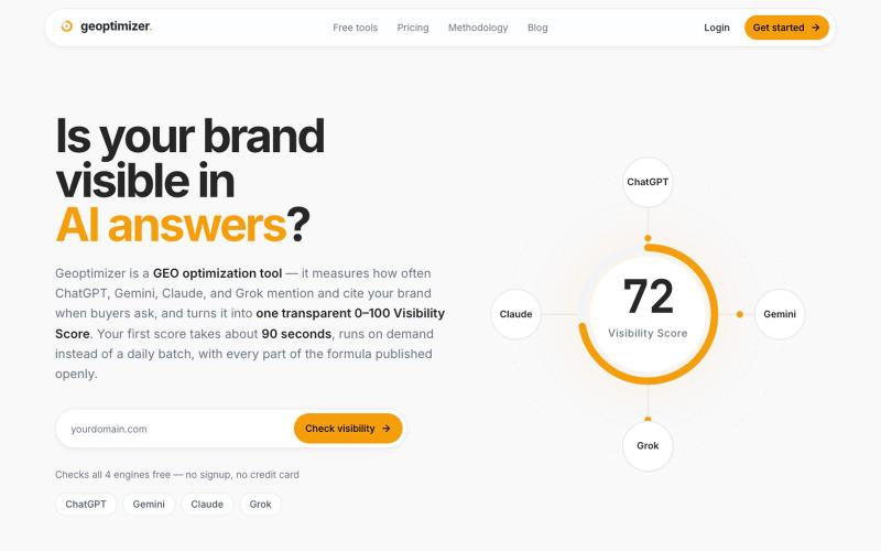 Geoptimizer — GEO Optimization Tool · Real-Time AI Visibility Score — screenshot