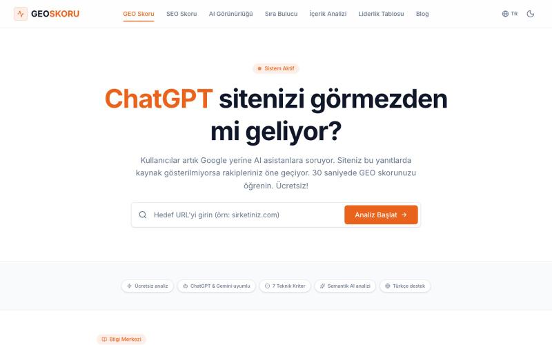 Siteniz ChatGPT’de Görünüyor mu? | Ücretsiz GEO Analizi — GeoSkoru — screenshot