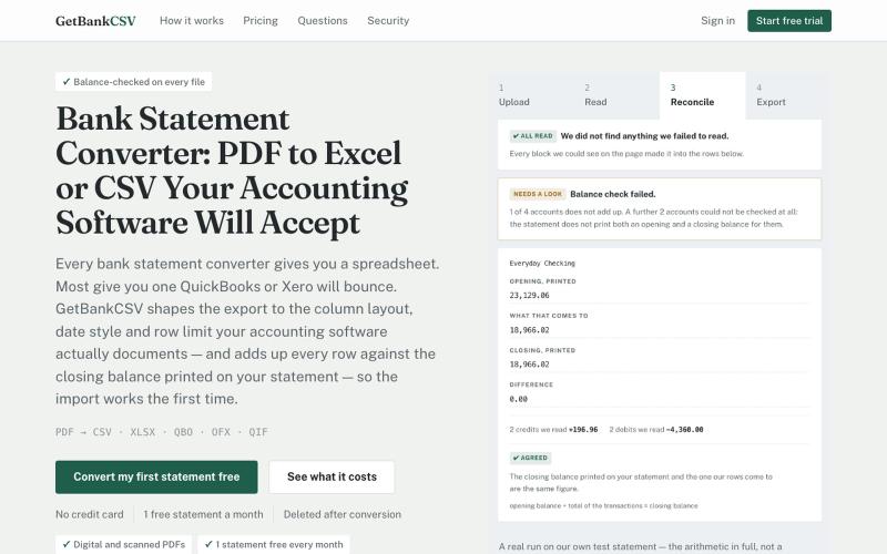 Bank Statement Converter: PDF to CSV & Excel | GetBankCSV — screenshot