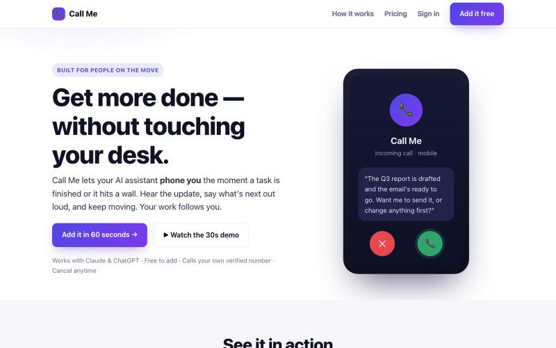 Call Me — your AI assistant calls you when the work's done — screenshot