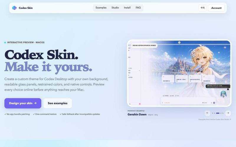 Codex Skin – Custom Themes for Codex Desktop — screenshot