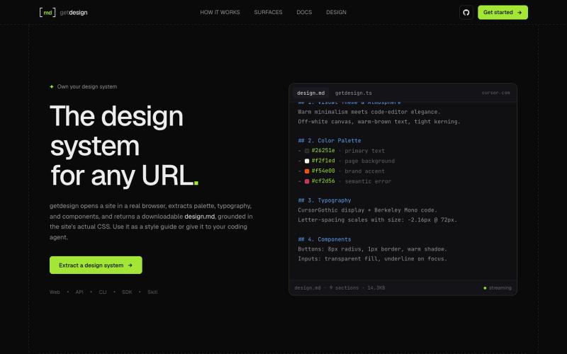 Design system extractor for any website · getdesign — screenshot