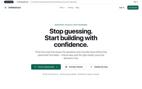 GetIdeaScout — Find an idea. Pick the market. Validate demand. — screenshot