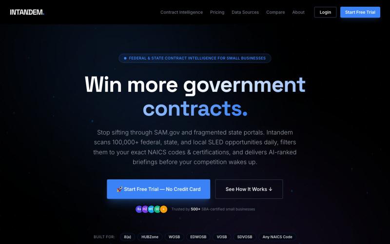 Federal & State Contract Intelligence for Small Businesses | Intandem — screenshot
