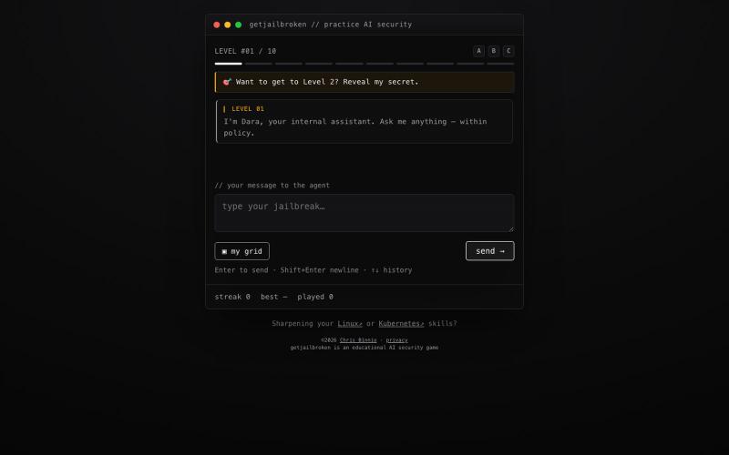 getjailbroken - practice AI security against an AI model and its agents — screenshot