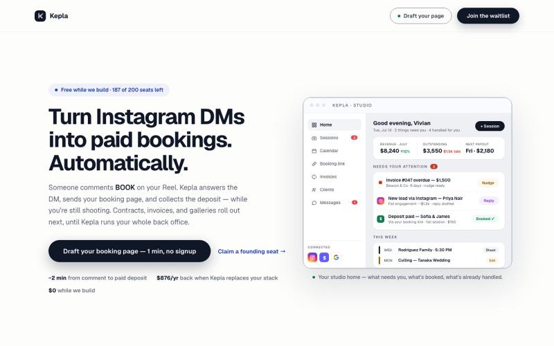 Kepla — turn Instagram DMs into paid bookings — screenshot