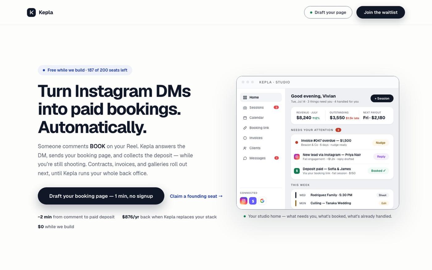 Kepla — turn Instagram DMs into paid bookings — screenshot