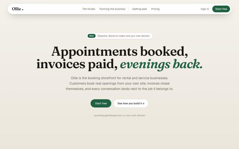 Ollie — booking storefronts for local businesses — screenshot