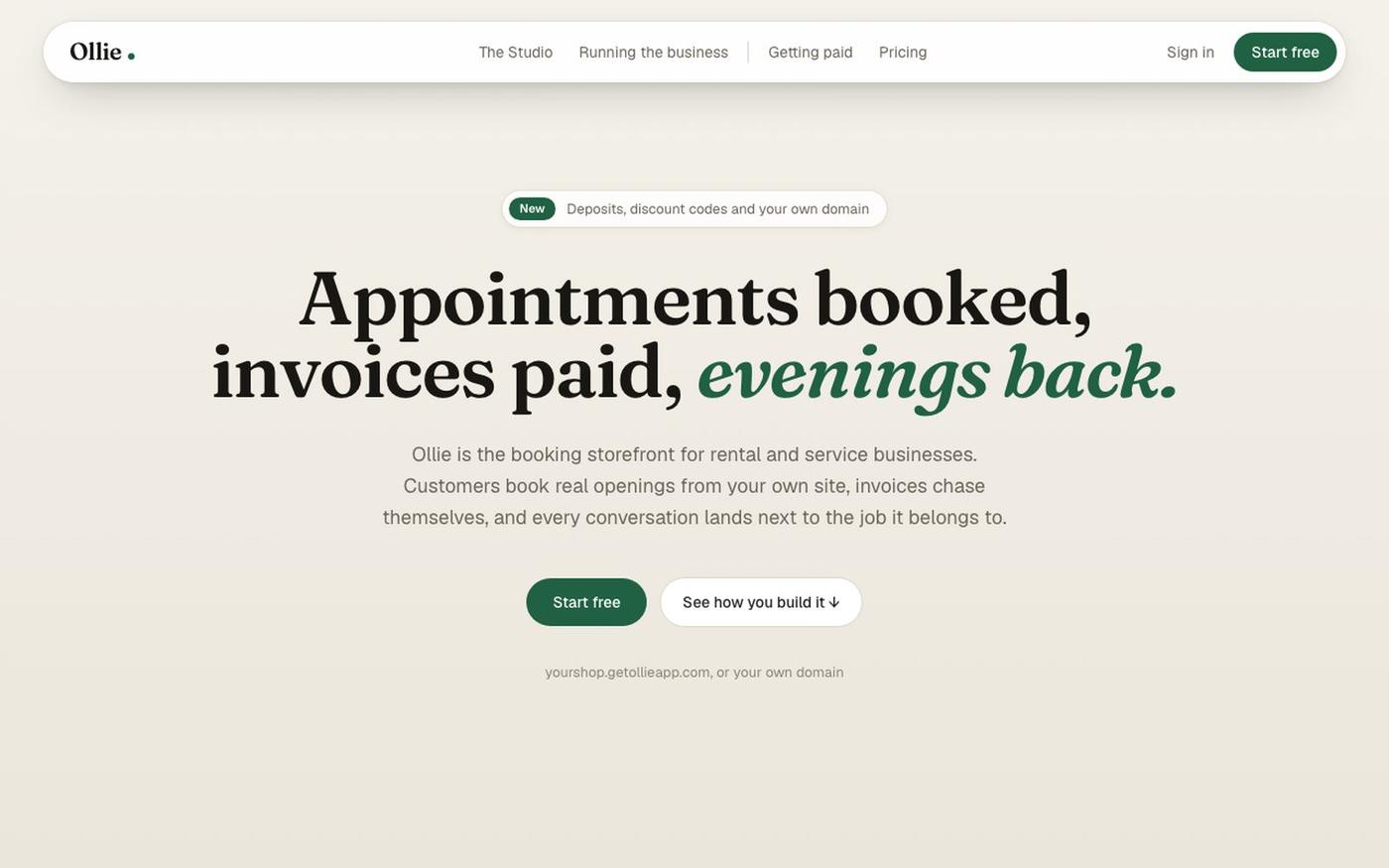 Ollie — booking storefronts for local businesses — screenshot