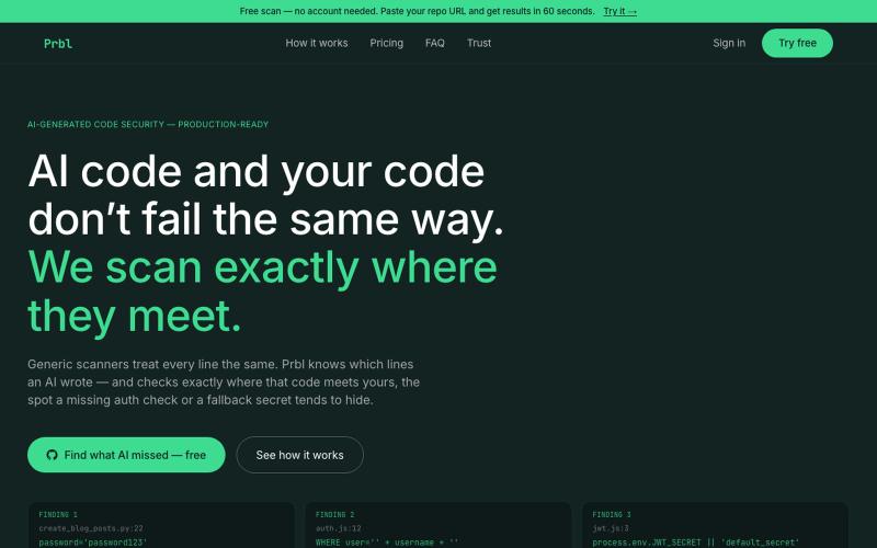 Prbl — AI code security scanner — screenshot