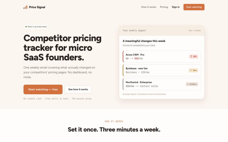 Price Signal — competitor pricing tracker for micro SaaS founders — screenshot