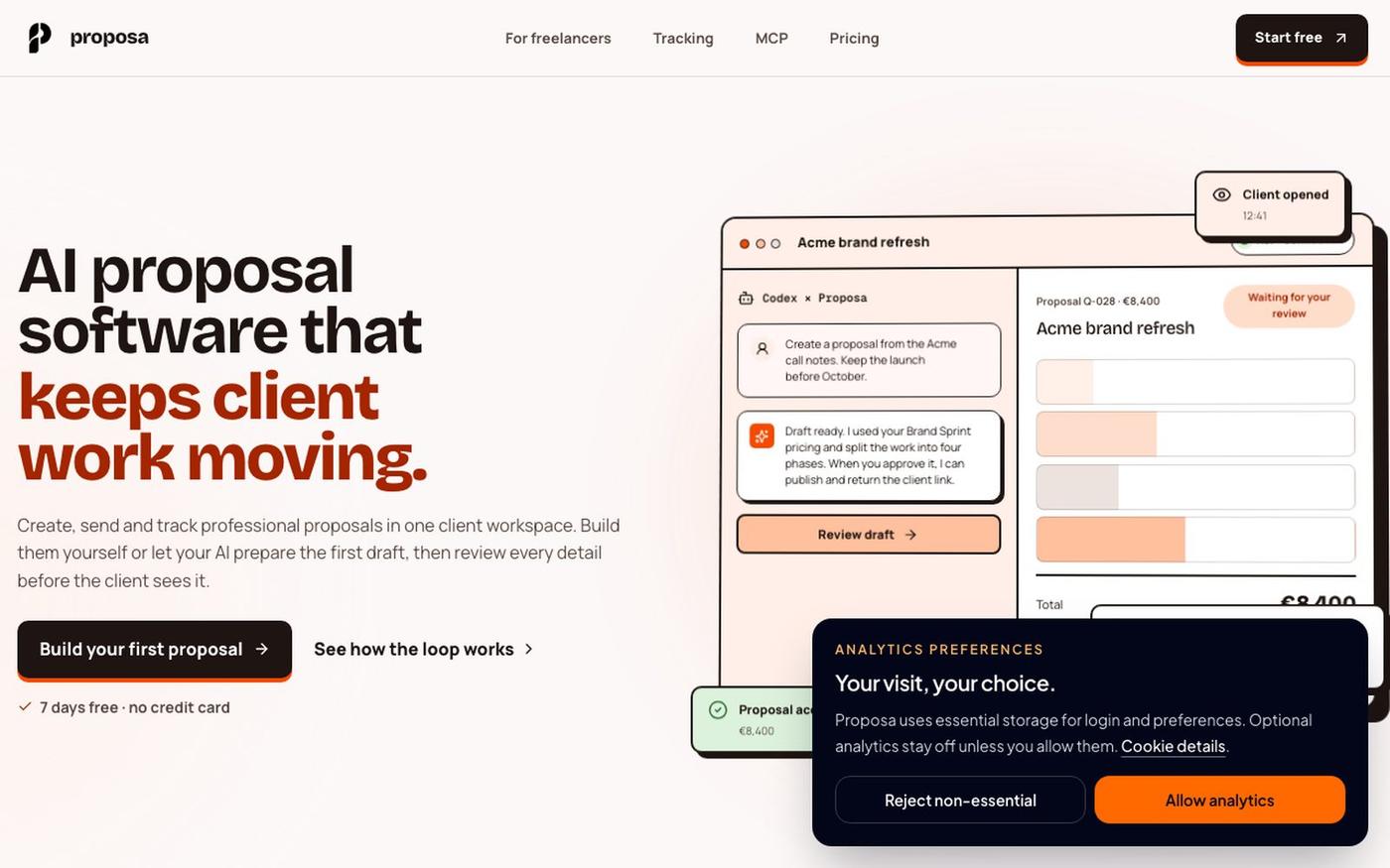 AI Proposal Software for Freelancers | Proposa — screenshot